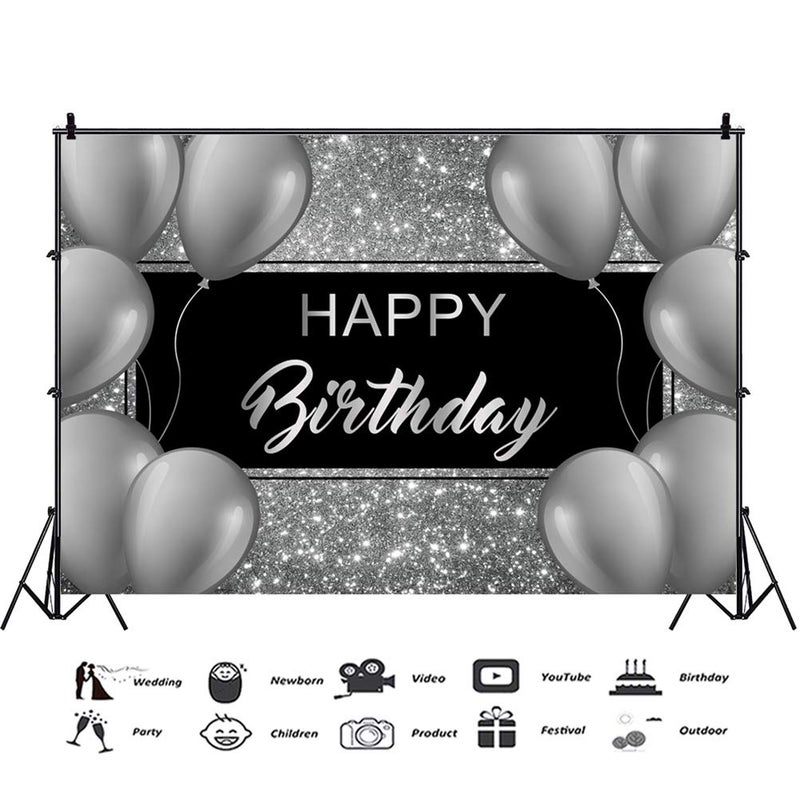 Laeacco Happy Birthday Backdrop 8x6.5ft Black and Silver Glitter Birthday Backdrops for Men Grey Balloon Birthday Party Decoration Cake Table Banner Supplies Child Kid Baby Woman Birthday Photo Studio - Image 3